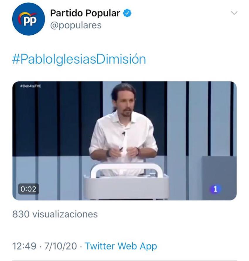 Captura del tuit con el vídeo borrado del PP