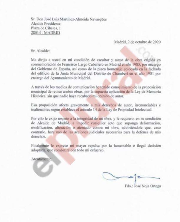 Carta de José Noja Ortega al alcalde de Madrid por la escultura de Largo Caballero