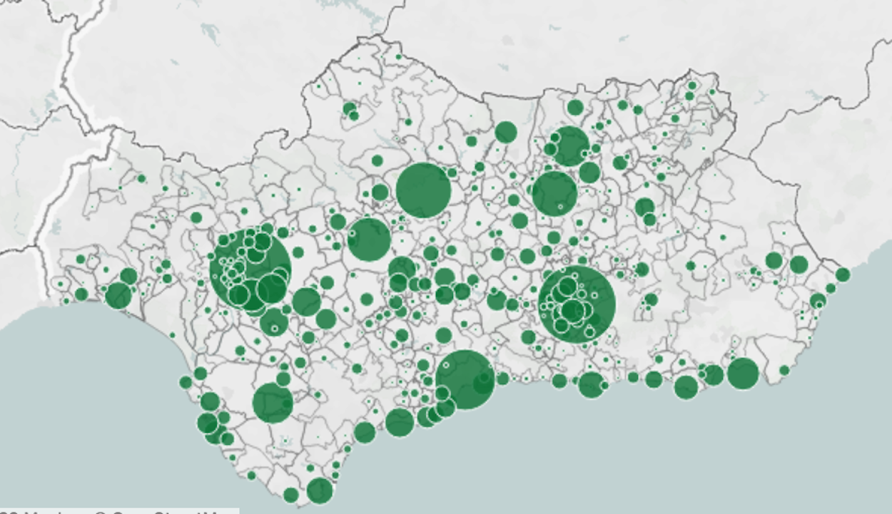 El mapa de municipios andaluces afectados por coronavirus.