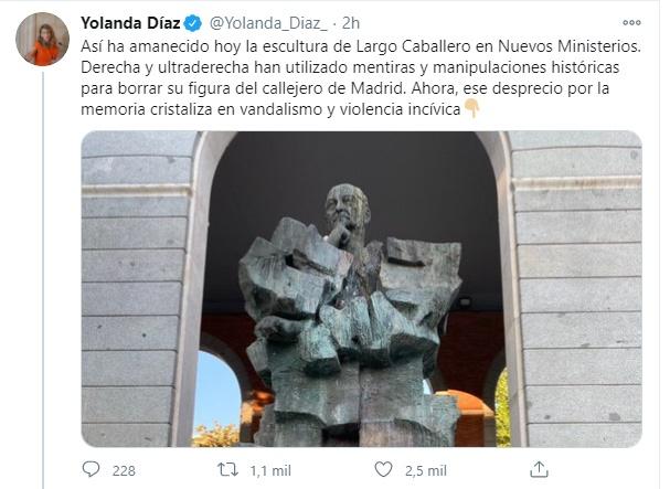 Mensaje de Yolanda Díaz sobre las pintadas a la escultura de Largo Caballero