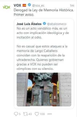 Mensaje de Vox sobre el comentario de Ábalos del ataque a la escultura de Largo Caballero