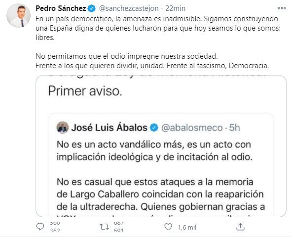 Respuesta de Pedro Sánchez  a Vox ante su amenaza por la Ley de Memoria Histórica