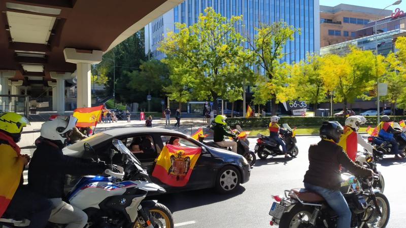 Una manifestante porta una bandera preconstitucional bajo el Paso de Eduardo Dato. 