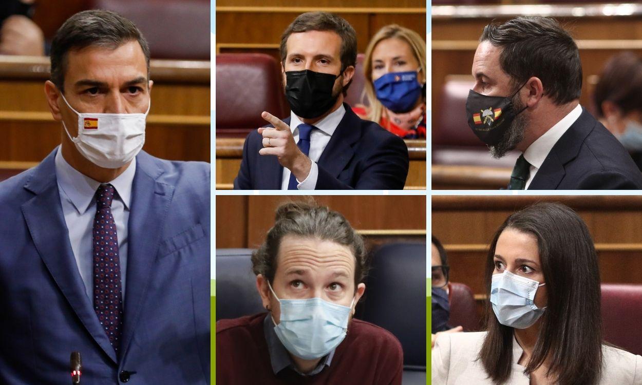 Pedro Sánchez, Pablo Casado, Santiago Abascal, Pablo Iglesias e Inés Arrimadas