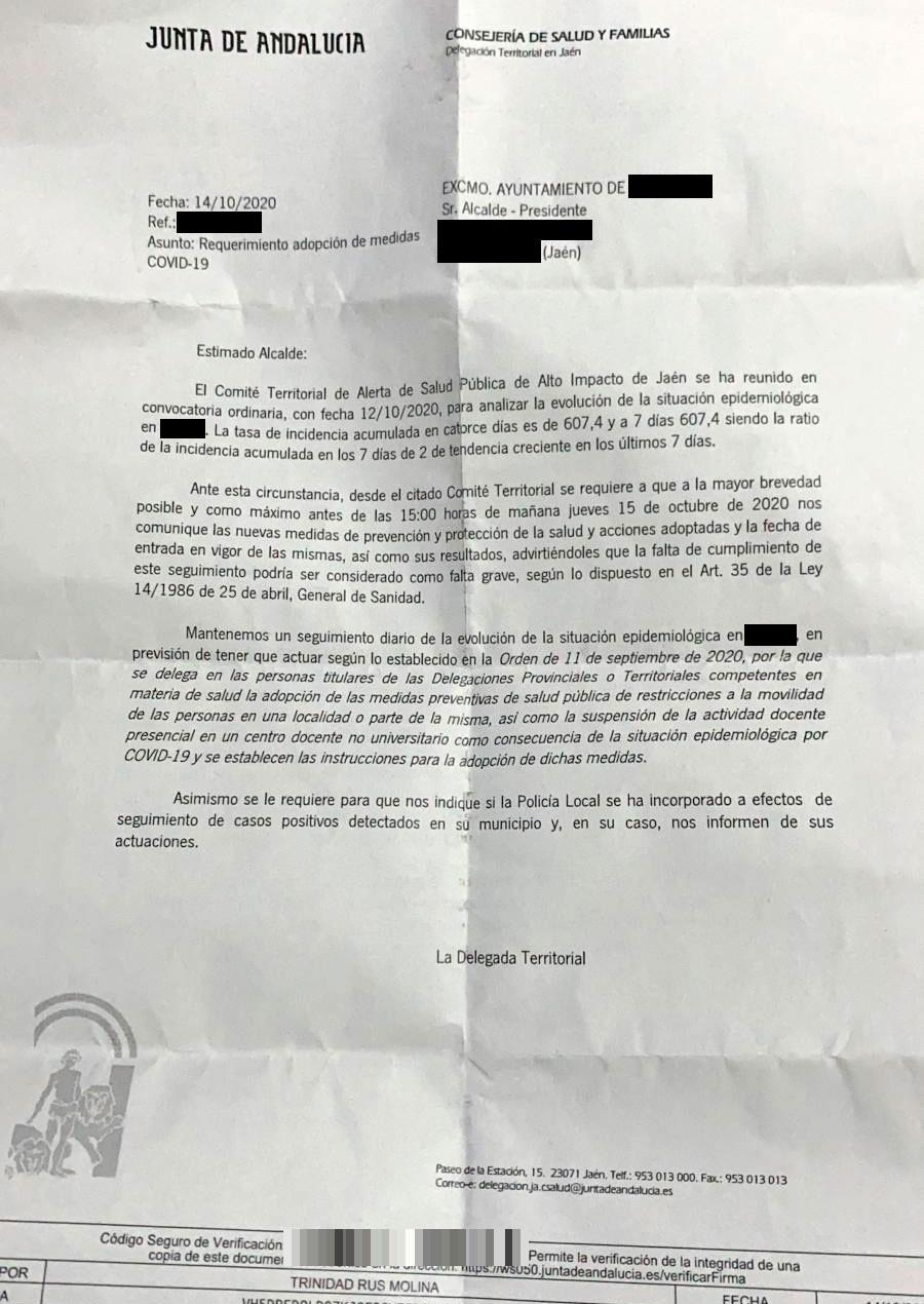 Carta dirigida por la Junta de Andalucía a los alcaldes