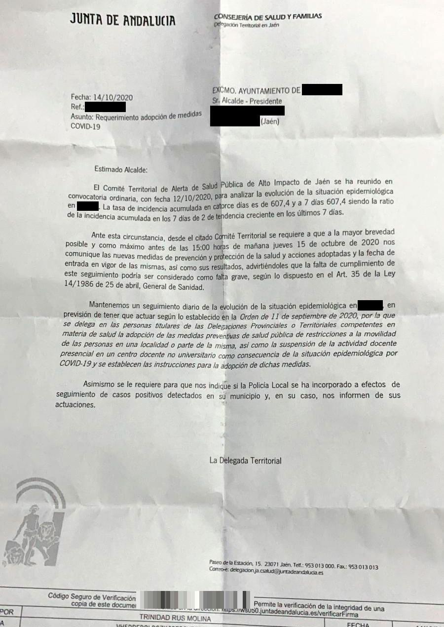 Carta dirigida por la Junta de Andalucía a los alcaldes Carta dirigida por la Junta de Andalucía a los alcaldes