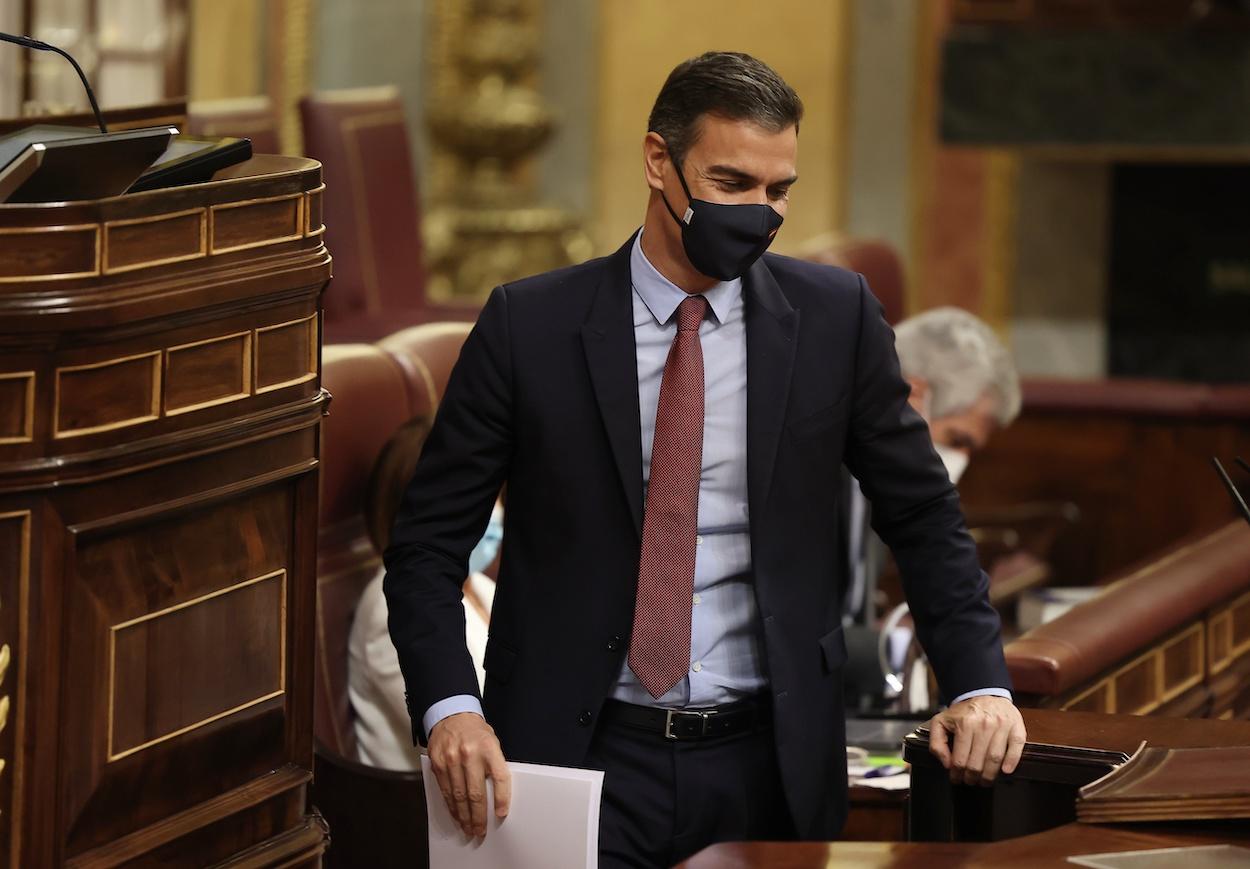 El presidente del Gobierno, Pedro Sánchez, tras su intervención durante el pleno en el que se debate la moción de censura planteada por Vox