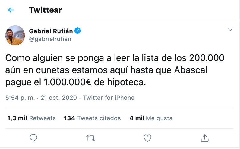 Tuit de Gabriel Rufián sobre el chalet de Santiago Abascal. Twitter Tuit de Gabriel Rufián sobre el chalet de Santiago Abascal. Twitter