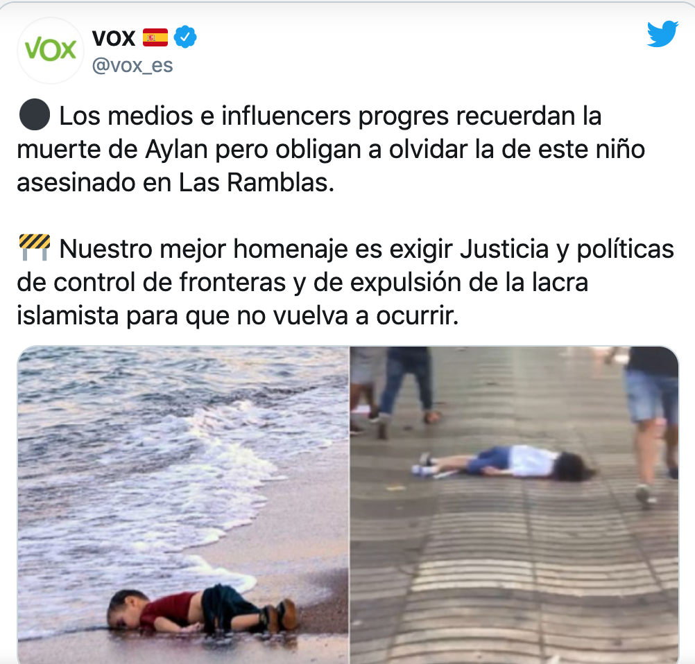 Tuit de Vox sobre la muerte de Aylan. Twitter Tuit de Vox sobre la muerte de Aylan. Twitter