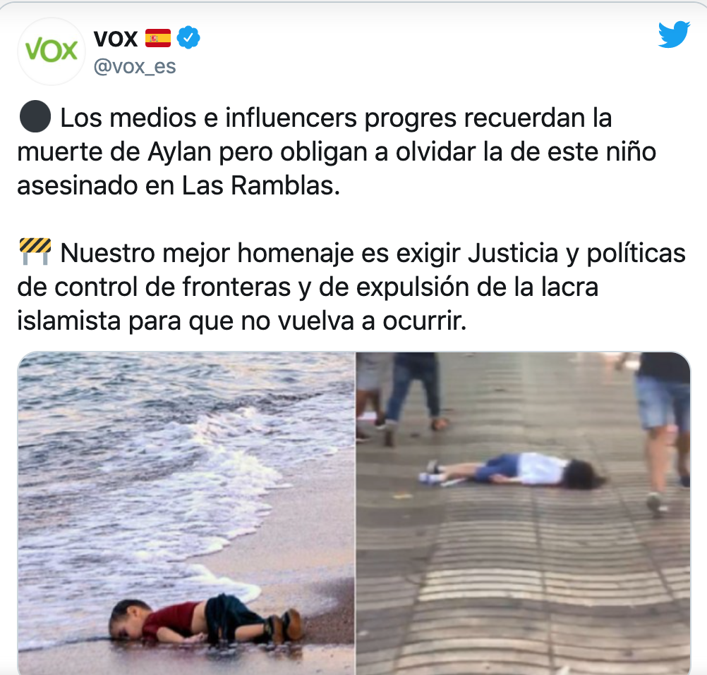 Tuit de Vox sobre la muerte de Aylan. Twitter