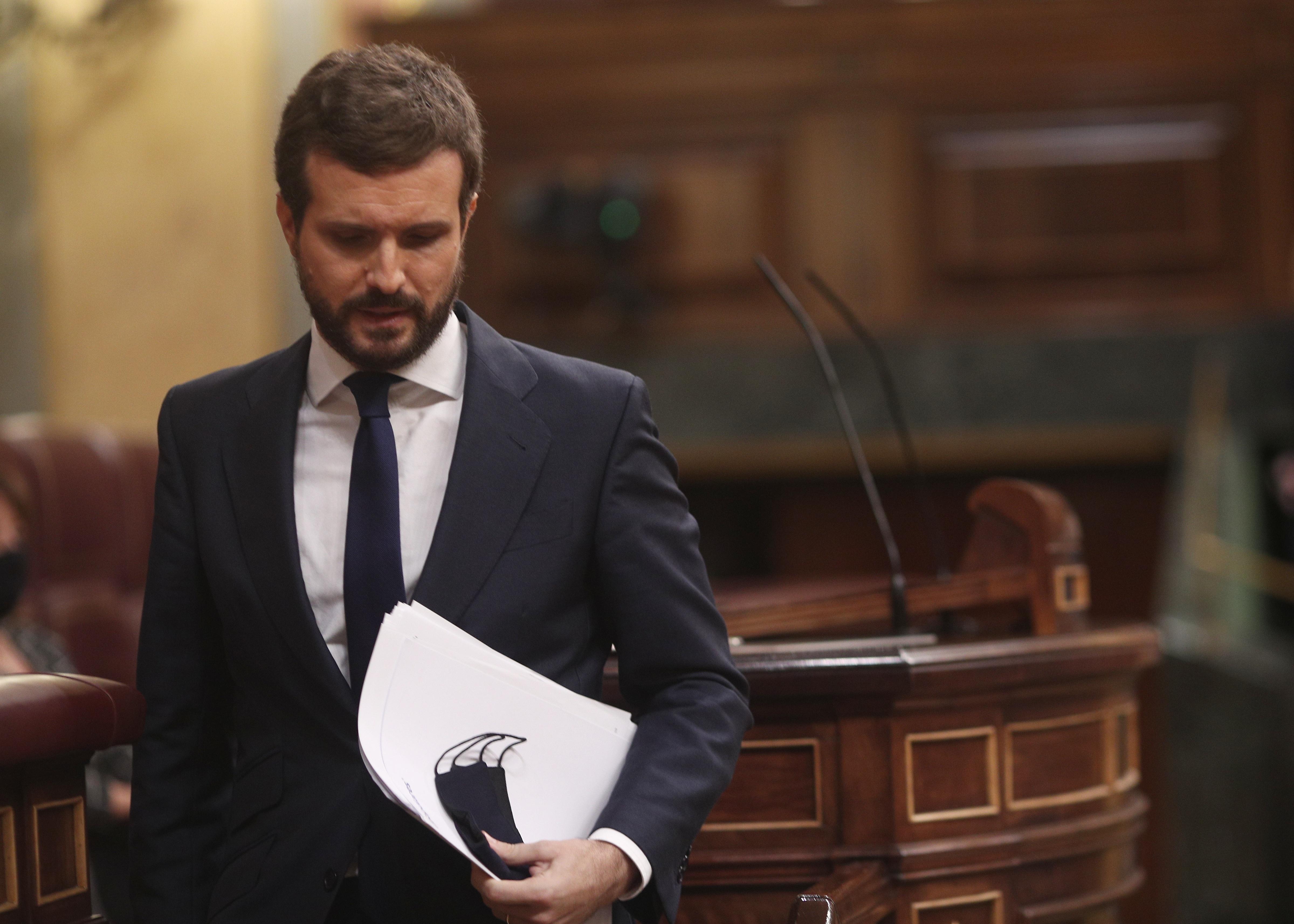 El presidente del Partido Popular, Pablo Casado, durante la moción de censura de Vox. Europa Press. 