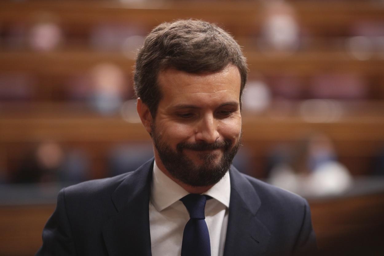 El presidente del PP, Pablo Casado, tras su intervención durante la segunda sesión del pleno en el que se debate la moción de censura planteada por Vox