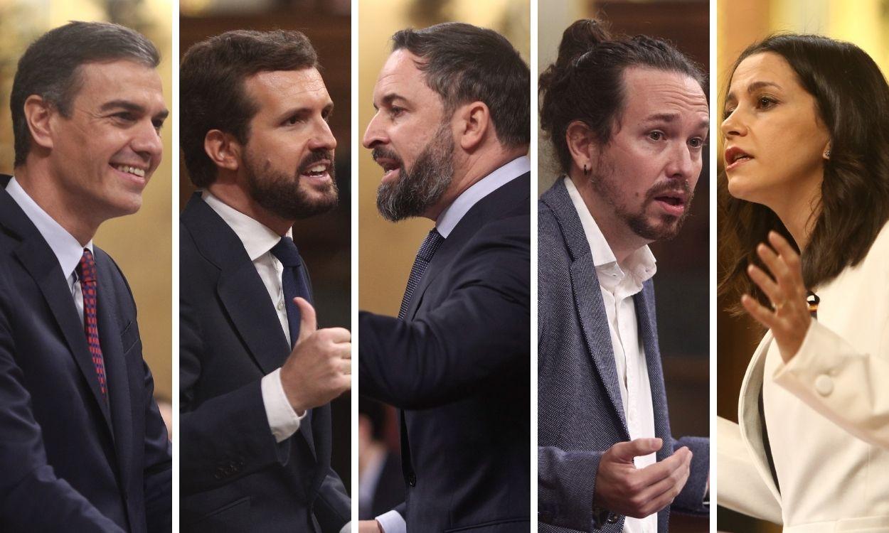 Pedro Sánchez, Pablo Casado, Santiago Abascal, Pablo Iglesias e Inés Arrimadas.