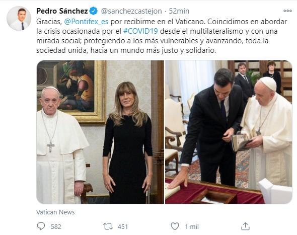 Tuit de Pedro Sánchez sobre su encuentro con el Papa