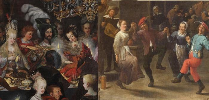 La diferencia entre la vida cortesana y la vida rural se aprecia en los detalles de estos dos cuadros de Bartholomäus Strobel el joven y David Teniers