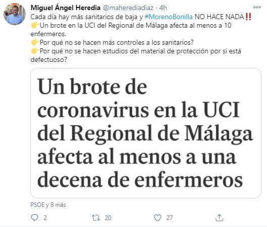 Tuit de Heredia sobre el brote en un Hospital de Málaga