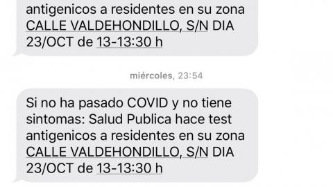 SMS de la Comunidad de Madrid para avisar de las pruebas de antígenos