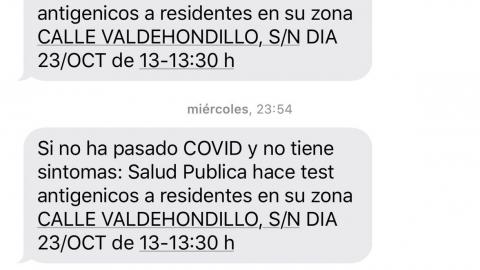 SMS de la Comunidad de Madrid para avisar de las pruebas de antígenos SMS de la Comunidad de Madrid para avisar de las pruebas de antígenos