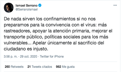 Tuit Ismael Serrano sobre coronavirus