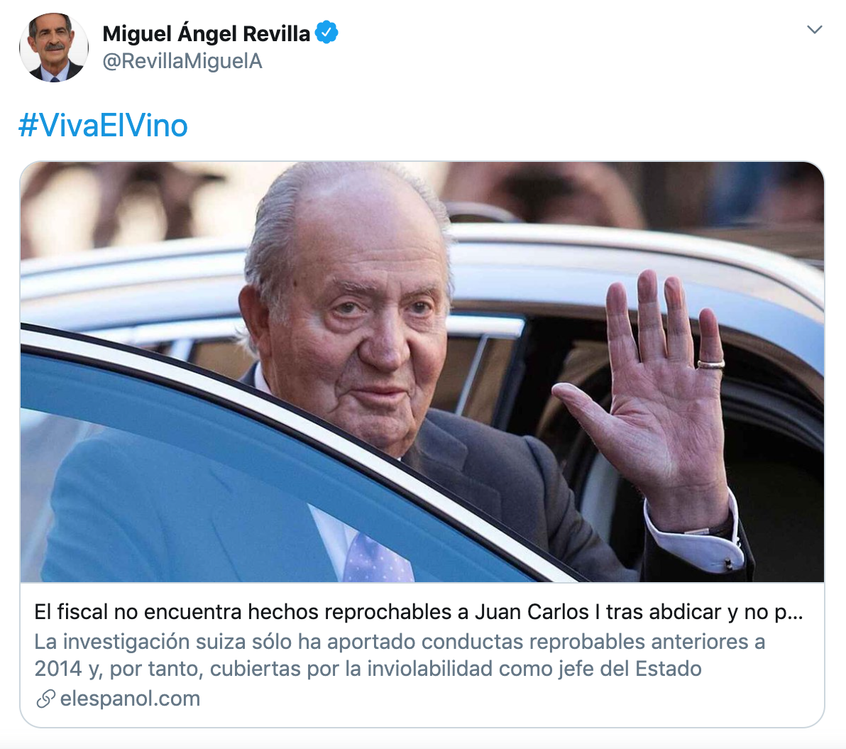 Tuit de Miguel Ángel Revilla sobre el Rey Juan Carlos I. Twitter