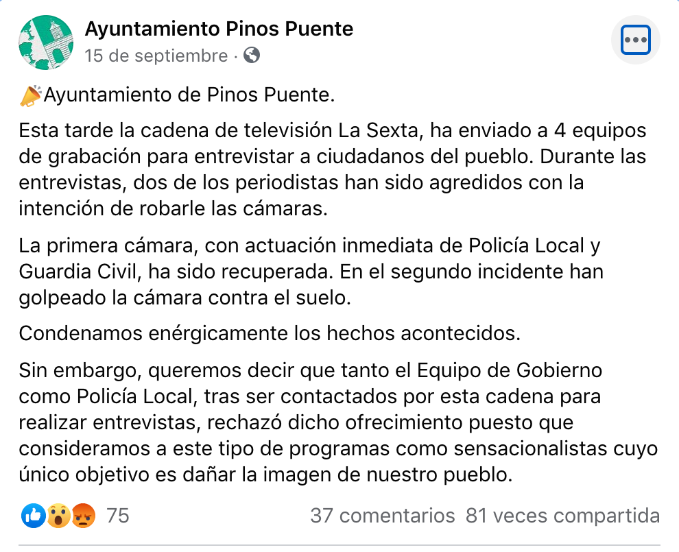 Comunicado Ayuntamiento de Pinos Puente. Facebook