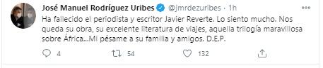 Tuit ministro de Cultura sobre el fallecimiento de Javier Reverte Tuit ministro de Cultura sobre el fallecimiento de Javier Reverte