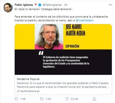 Mensaje Pablo Iglesias sobre disturbios negacionistas en España
