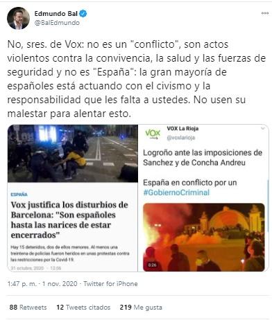 Tuit Edmundo Bal sobre Vox y los disturbios