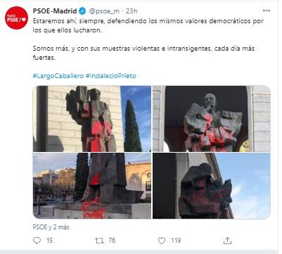 Mensaje del PSOE de Madrid sobre las nuevas pintadas a la estatua de Largo Caballero