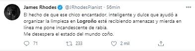 Tuit James Rhodes sobre amenazas chico que recogió los destrozos de Logroño Tuit James Rhodes sobre amenazas chico que recogió los destrozos de Logroño