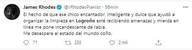 Tuit James Rhodes sobre amenazas chico que recogió los destrozos de Logroño