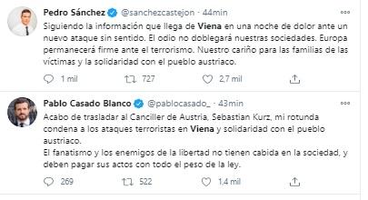 Mensajes de Pedro Sánchez y Pablo Casado sobre el atentado de Viena Mensajes de Pedro Sánchez y Pablo Casado sobre el atentado de Viena