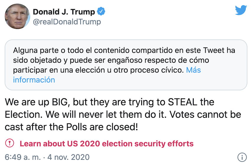 Tuit censurado de Donald Trump acusando a los demócratas de robarle las elecciones