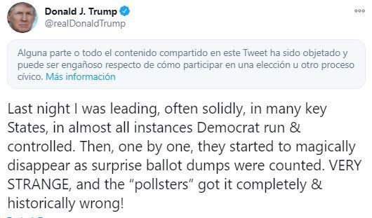 Tuit Trump sobre el fraude elecciones