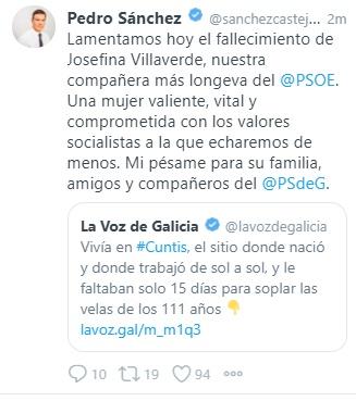 Sánchez sobre la muerte de la afiliada al PSOE más longeva