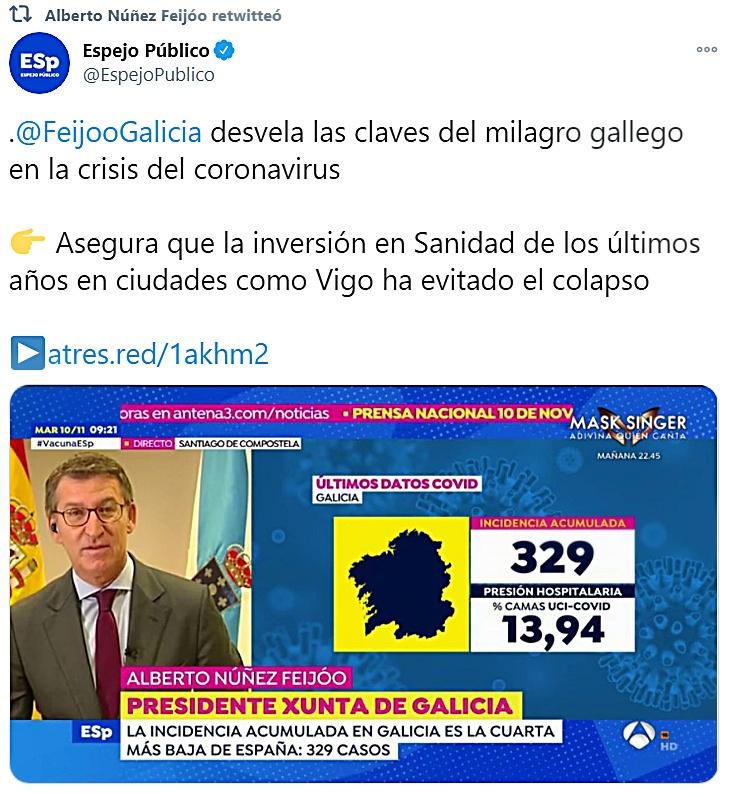 En un tuit, Espejo Público habla del "milagro" gallego en la gestión del coronavirus.