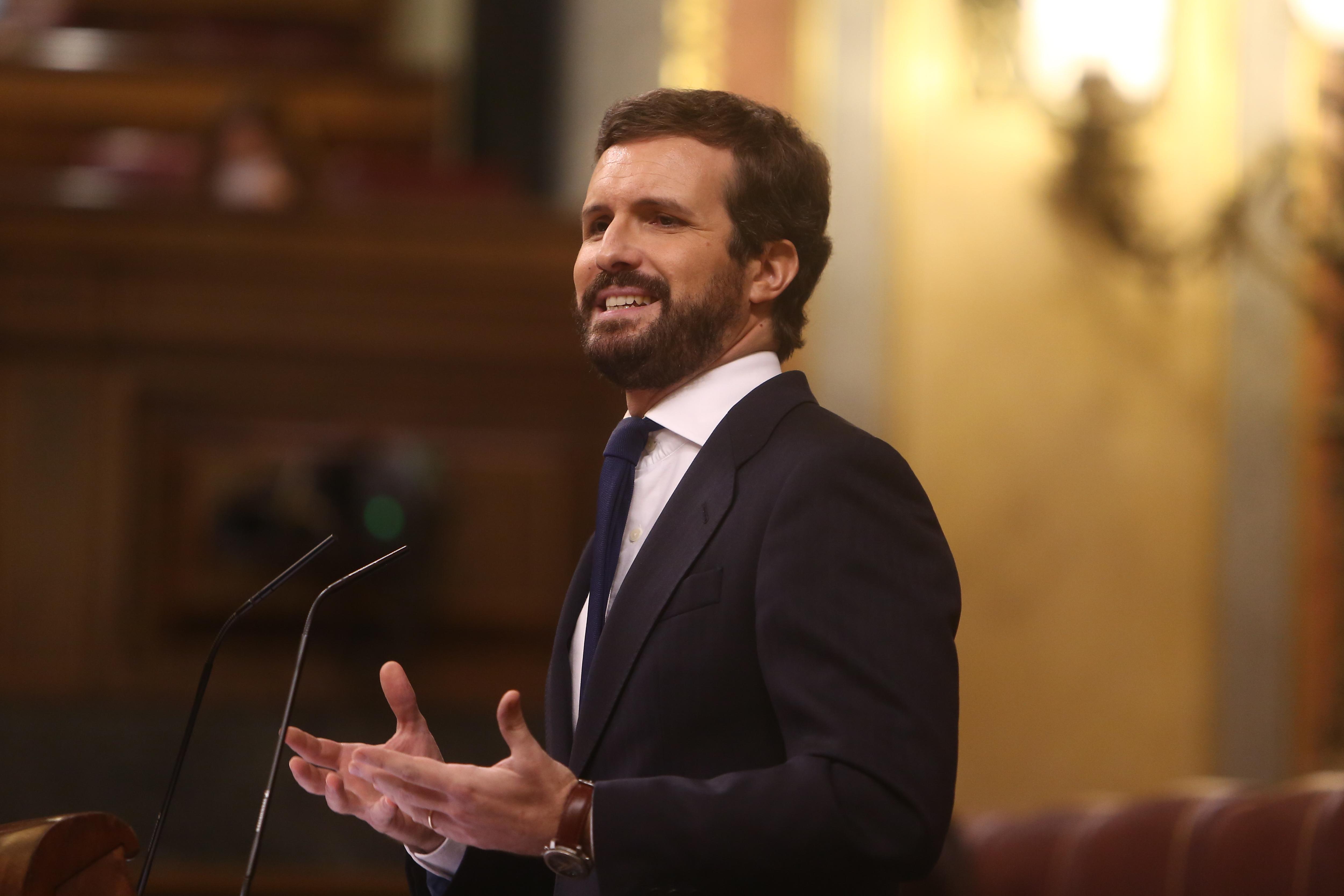 El líder del PP, Pablo Casado, durante su intervención en el pleno de Debate de totalidad del Proyecto de Ley de Presupuestos Generales del Estado para el año 2021