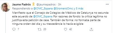 Mensaje del Presidente del Colegio de Médicos de Cataluña. 